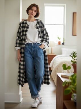 REW Black & White Gingham Duster Coat - Cotton/Wool Blend